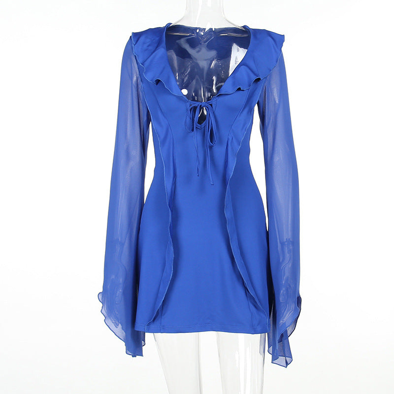 Ruffled Long Sleeve Lace-Up Mini Dress