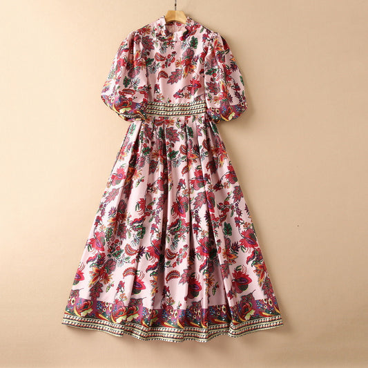 Satin Pleated Puff Sleeve Printed Midi Dress / Pink / S