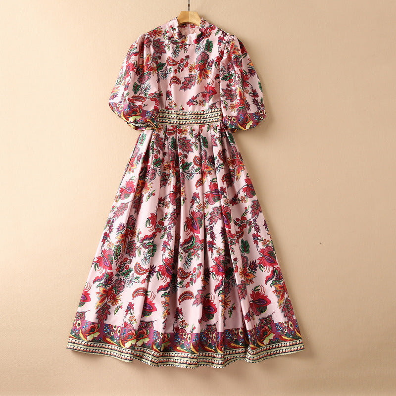 Satin Pleated Puff Sleeve Printed Midi Dress