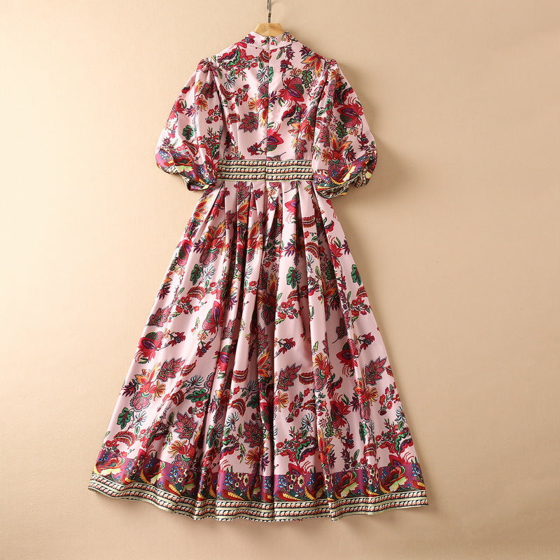 Satin Pleated Puff Sleeve Printed Midi Dress / Pink / M