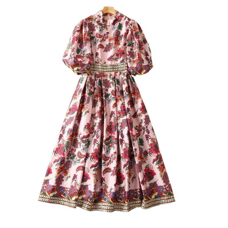 Satin Pleated Puff Sleeve Printed Midi Dress