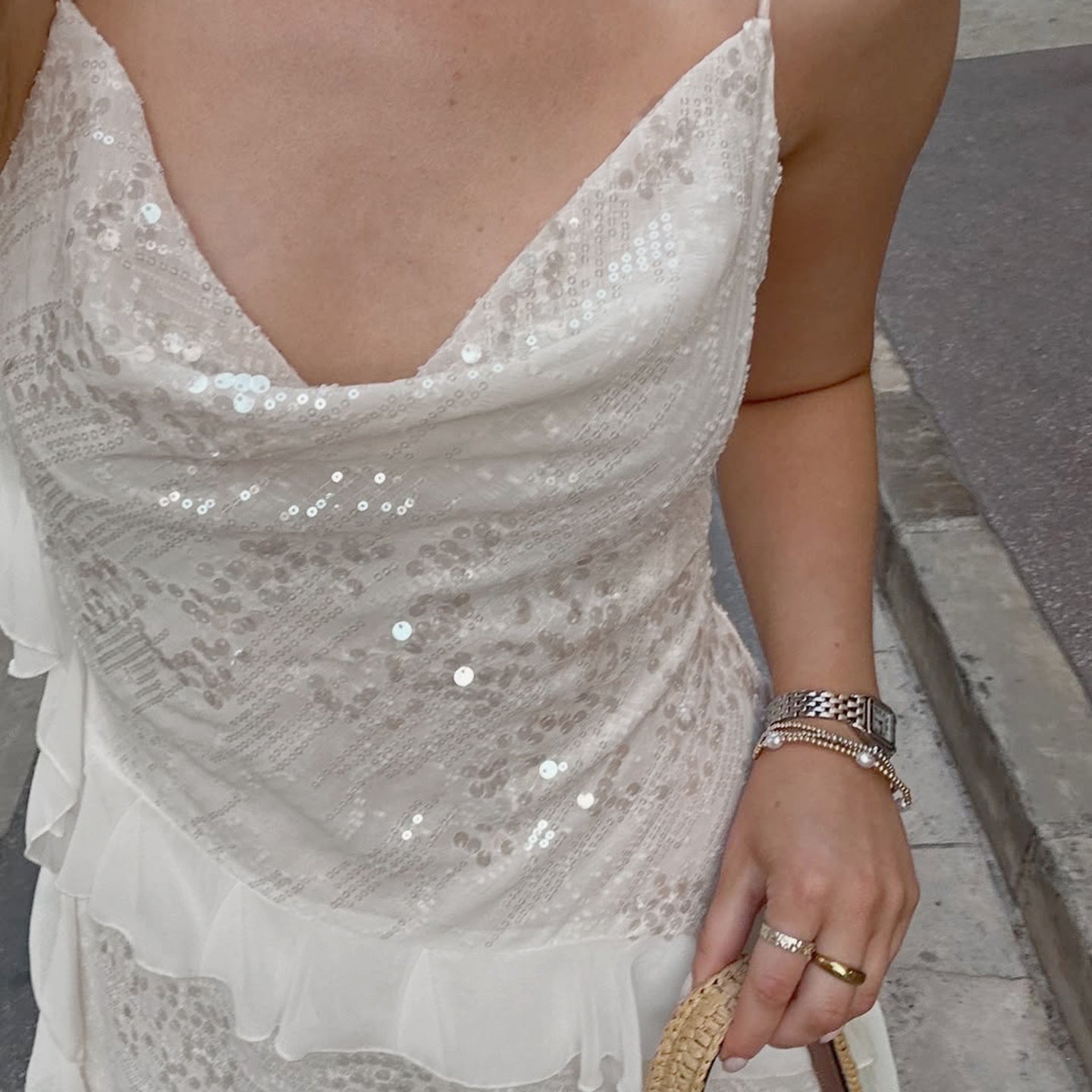 Sequin Trim Asymmetrical Off-Shoulder Party Dress / Beige / M