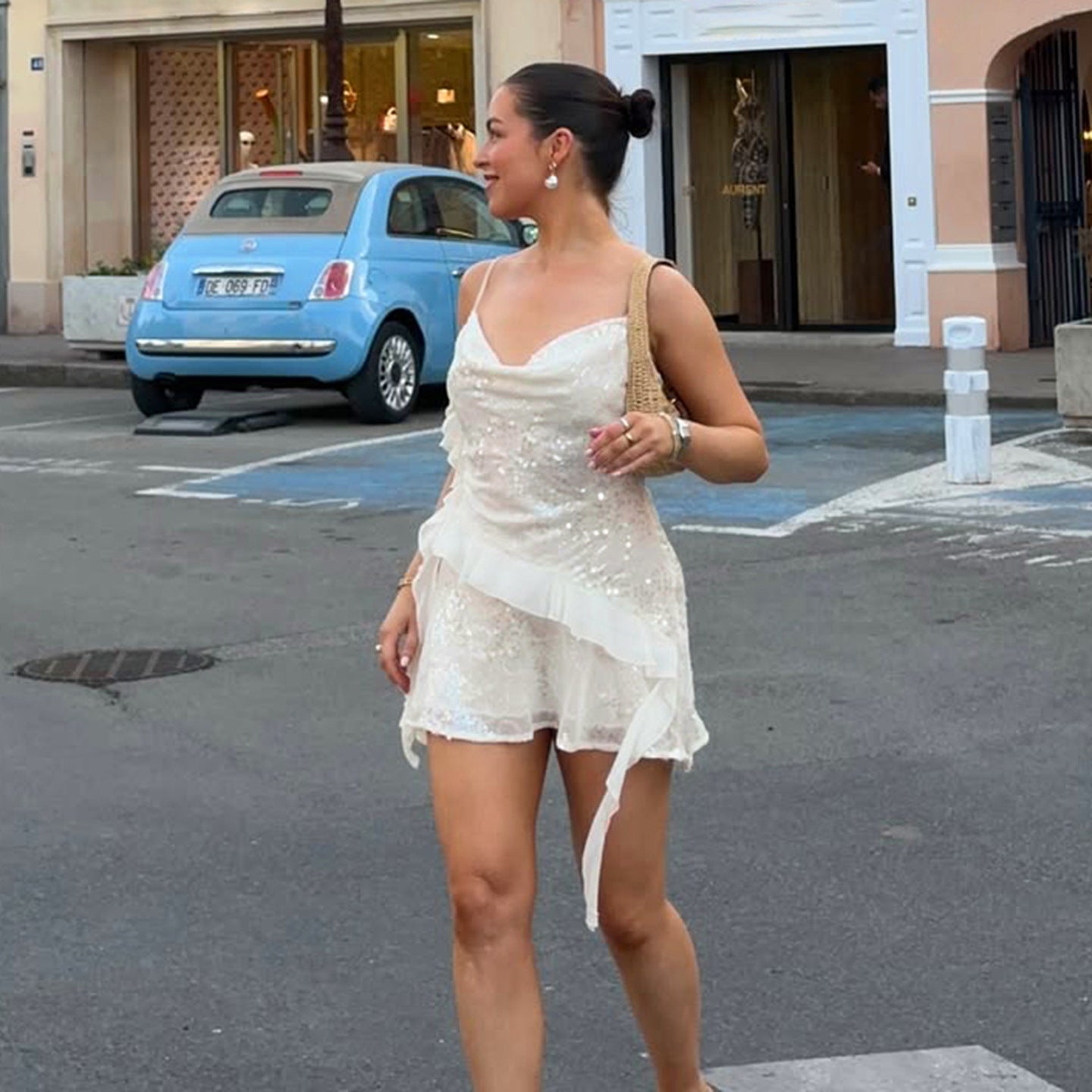 Sequin Trim Asymmetrical Off-Shoulder Party Dress / Beige / L