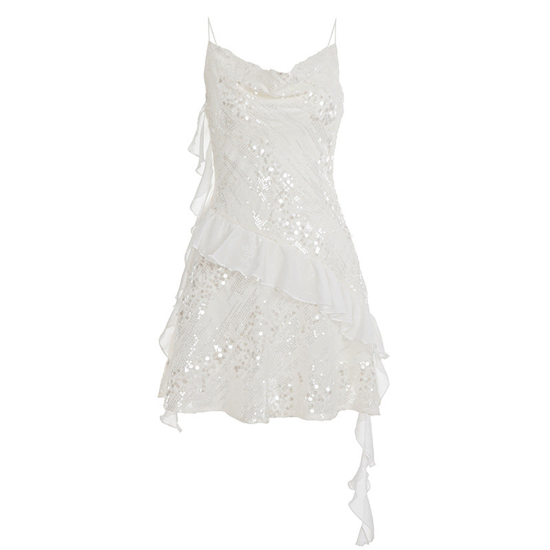 Sequin Trim Asymmetrical Off-Shoulder Party Dress