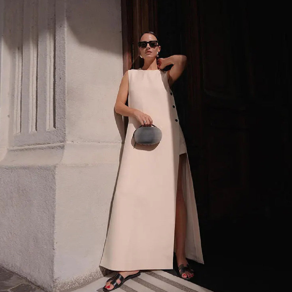 Sleeveless Button Detail Loose Midi Dress / White / S
