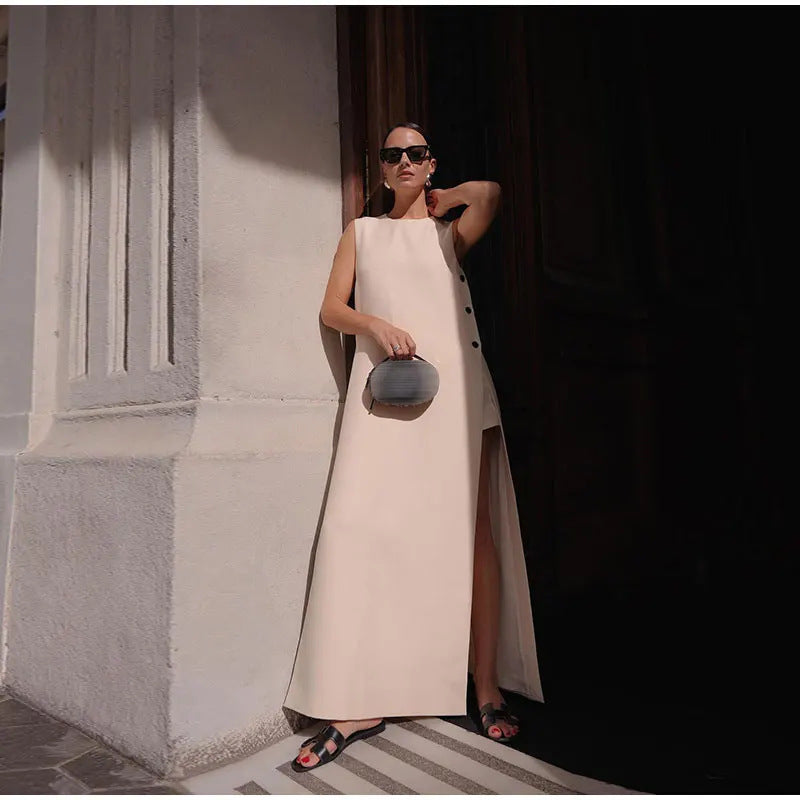 Sleeveless Button Detail Loose Midi Dress