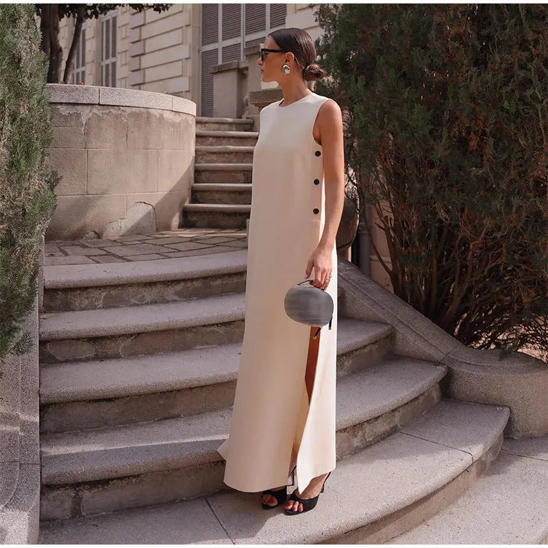 Sleeveless Button Detail Loose Midi Dress / White / M