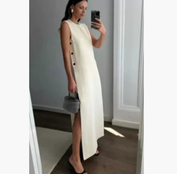 Sleeveless Button Detail Loose Midi Dress