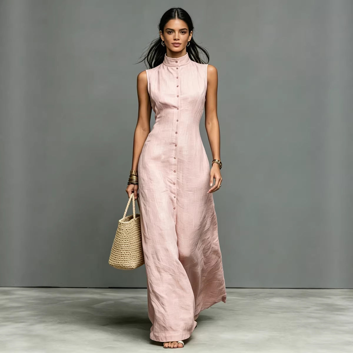 Sleeveless Stand Collar A-Line Maxi Dress / Pink / XS