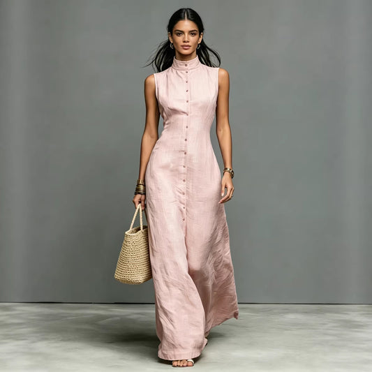 Sleeveless Stand Collar A-Line Maxi Dress / Pink / XS