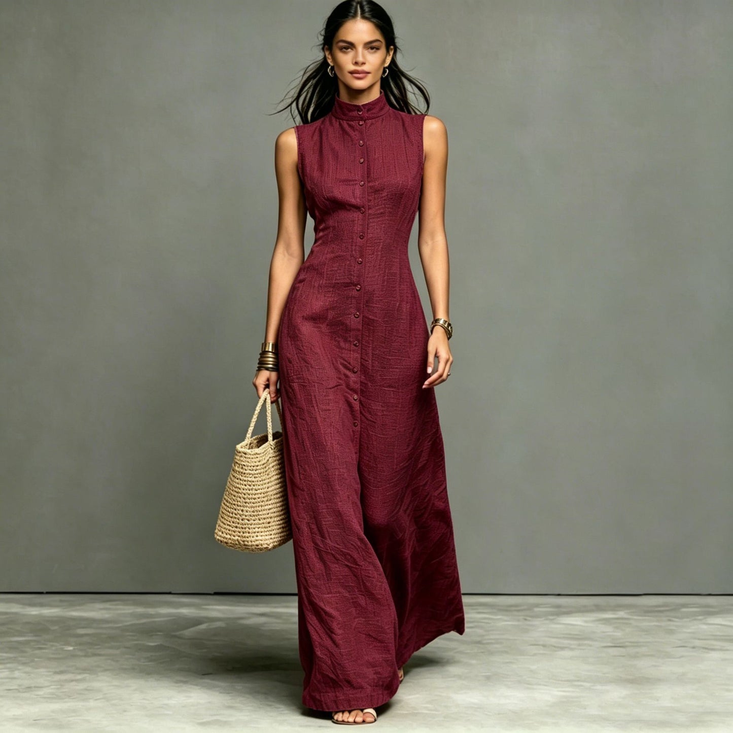 Sleeveless Stand Collar A-Line Maxi Dress / Black / XS