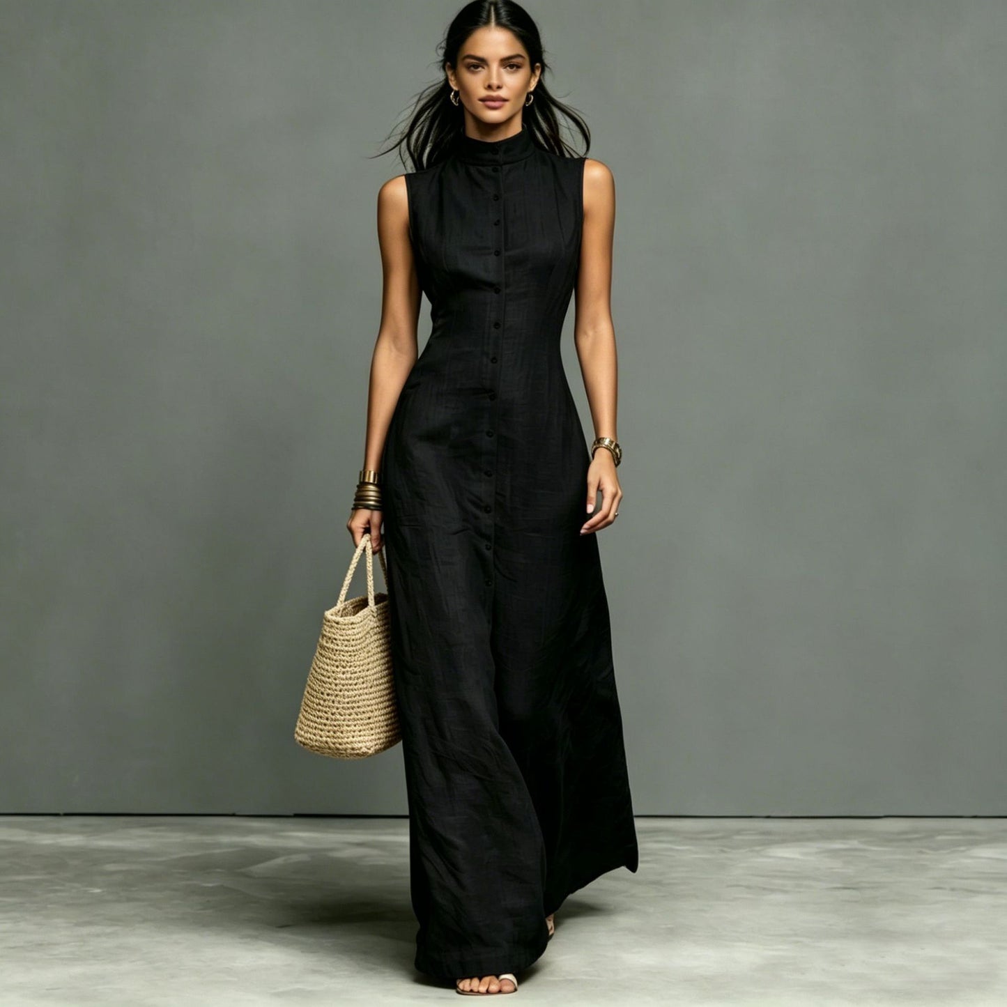 Sleeveless Stand Collar A-Line Maxi Dress
