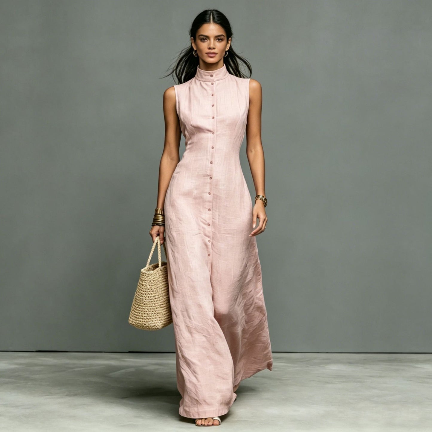 Sleeveless Stand Collar A-Line Maxi Dress
