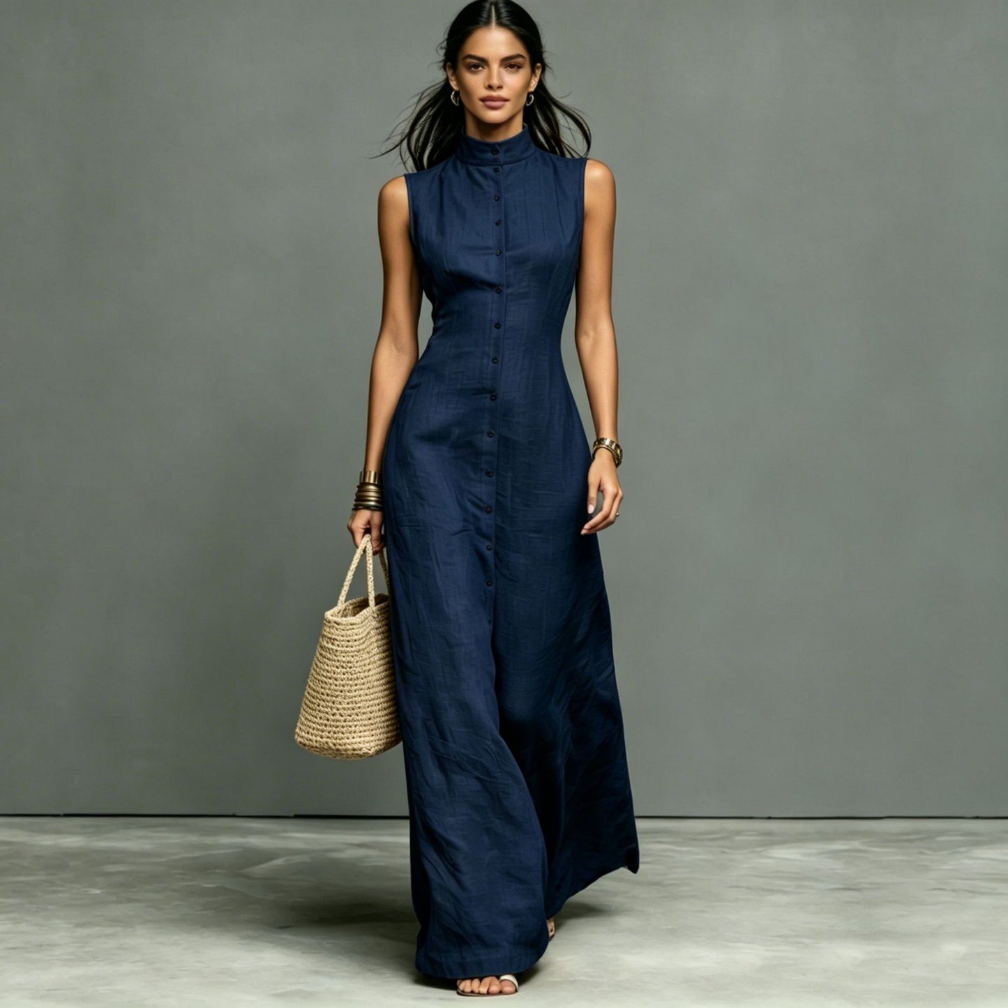 Sleeveless Stand Collar A-Line Maxi Dress / Black / XL