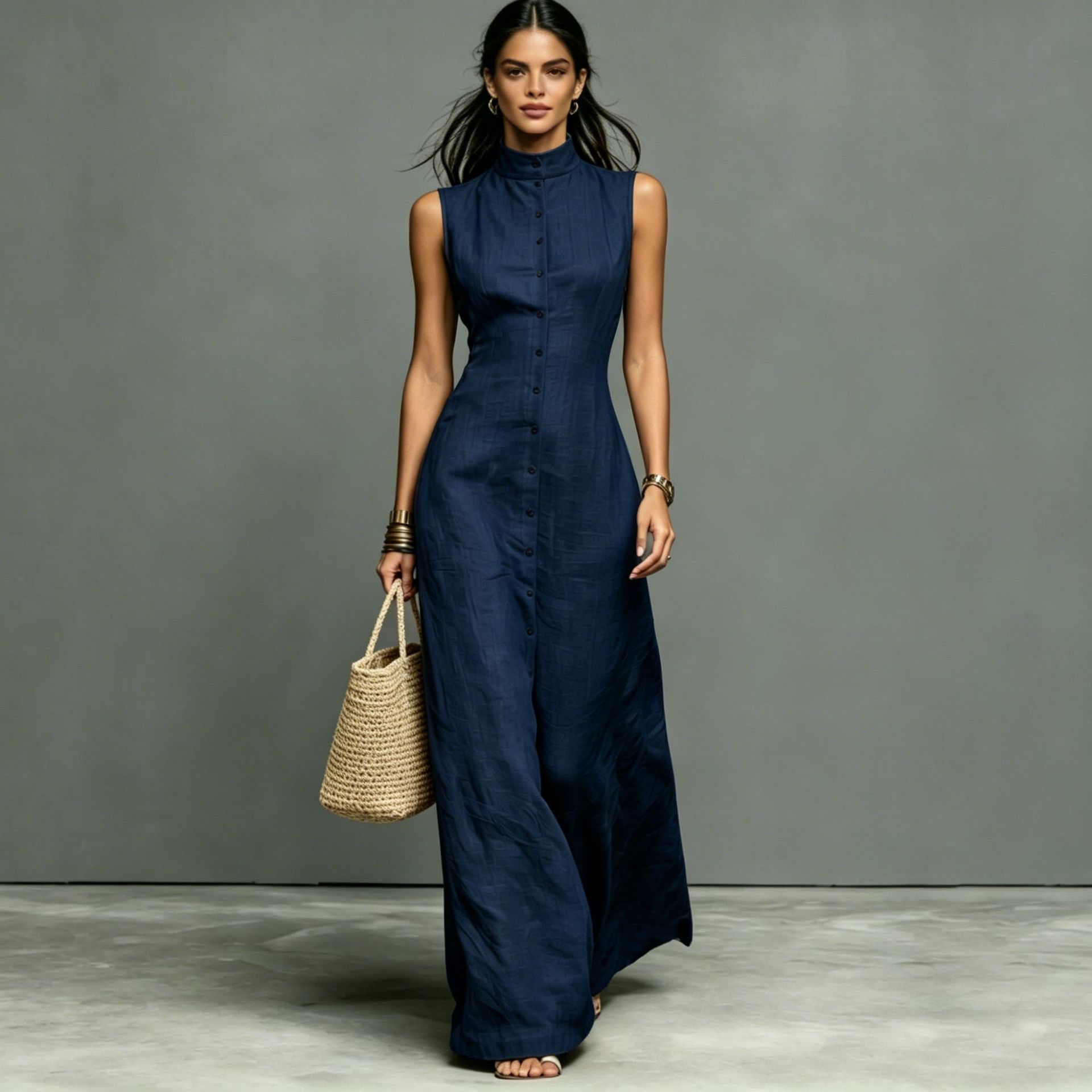 Sleeveless Stand Collar A-Line Maxi Dress / Black / XL