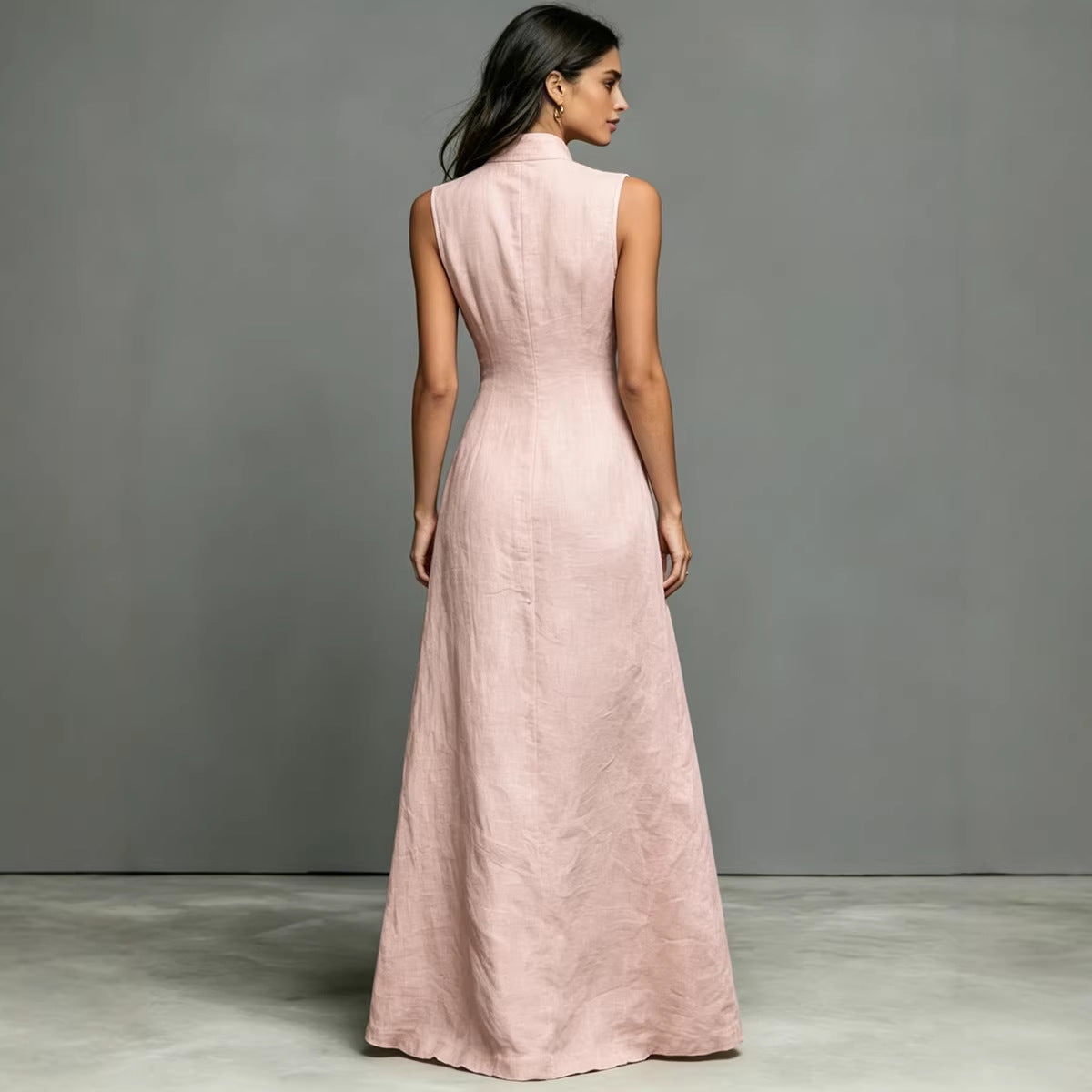 Sleeveless Stand Collar A-Line Maxi Dress / Pink / S
