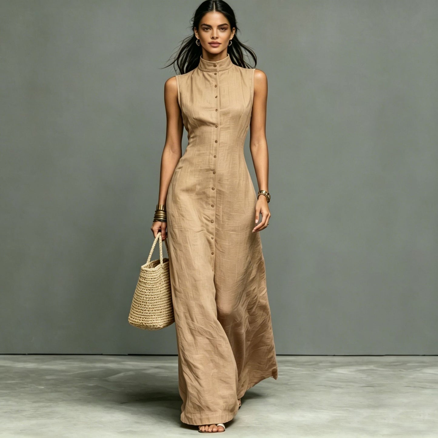 Sleeveless Stand Collar A-Line Maxi Dress