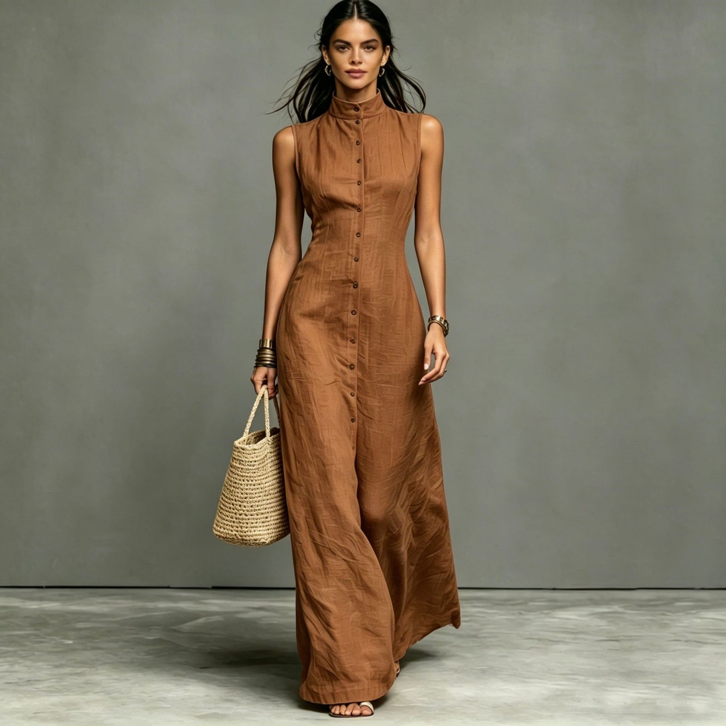 Sleeveless Stand Collar A-Line Maxi Dress