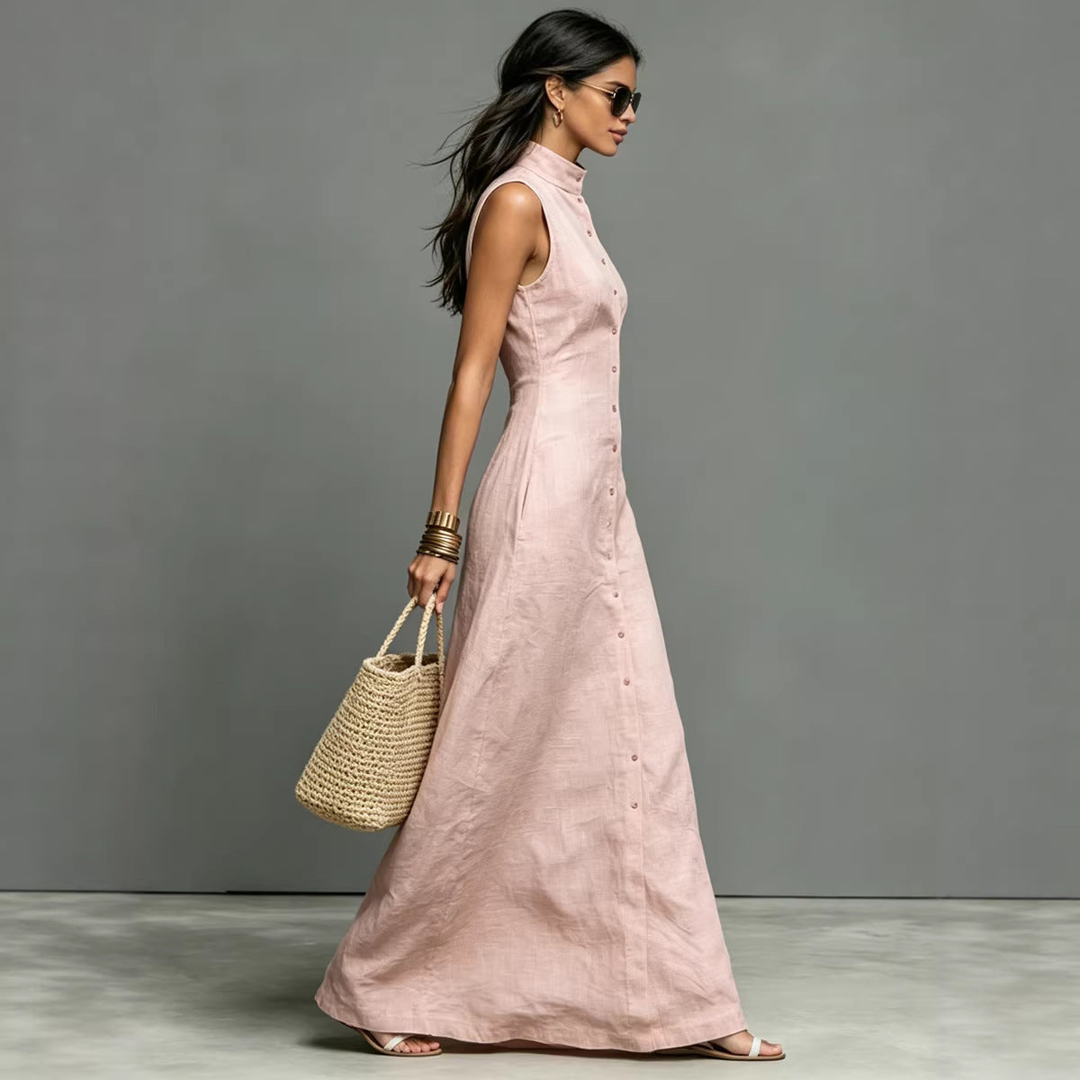 Sleeveless Stand Collar A-Line Maxi Dress / Pink / M