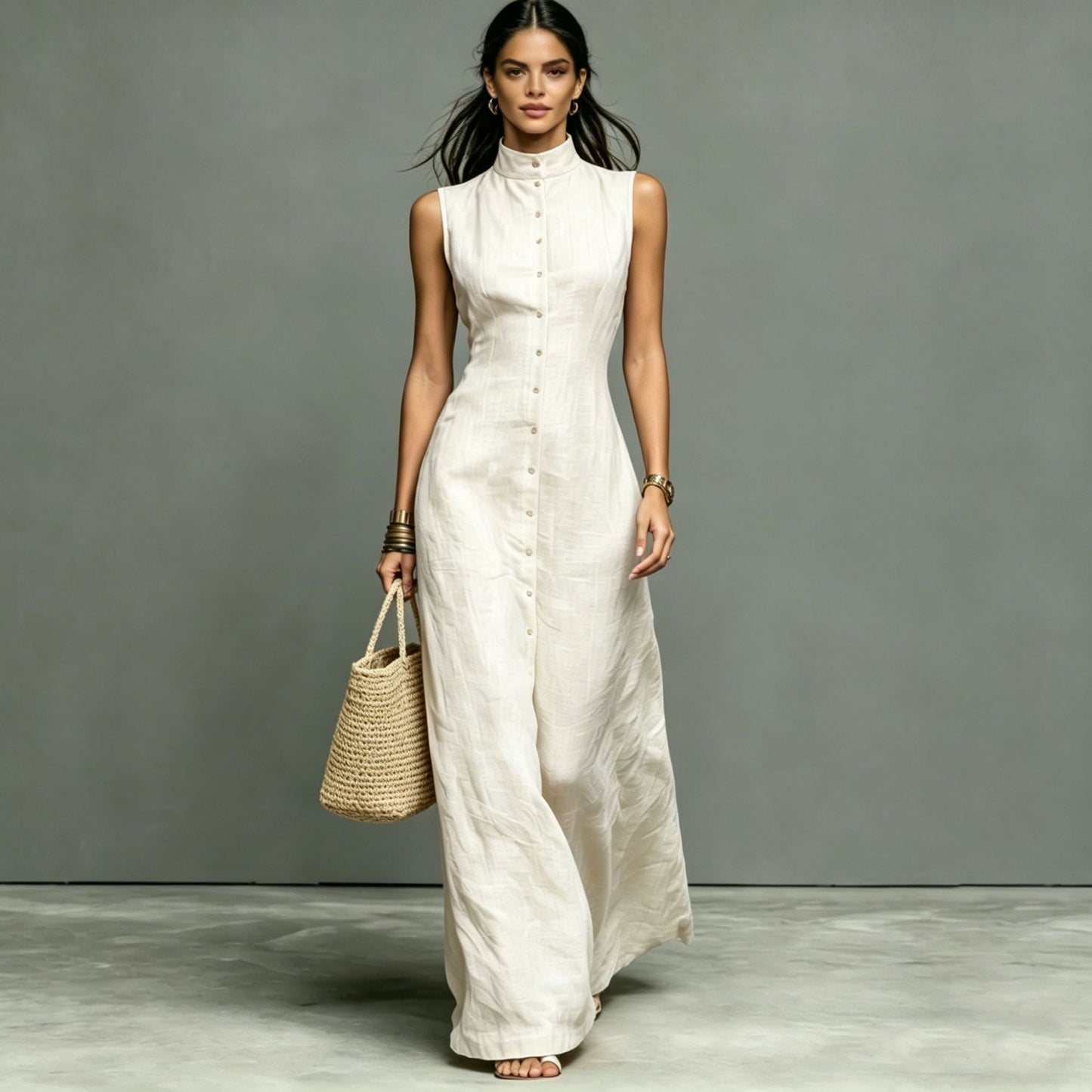 Sleeveless Stand Collar A-Line Maxi Dress