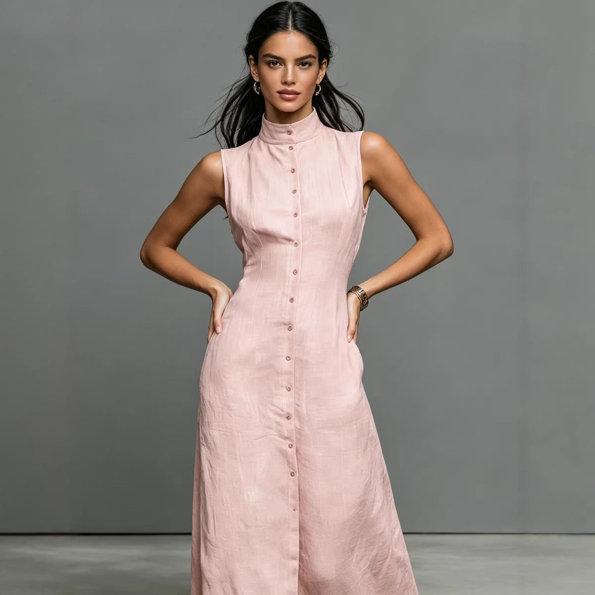 Sleeveless Stand Collar A-Line Maxi Dress / Pink / L