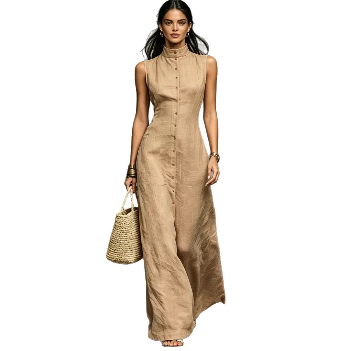 Sleeveless Stand Collar A-Line Maxi Dress / Pink / XL