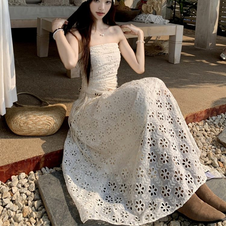 Strapless Bohemian Embroidered Maxi Dress Set / Beige Belt / S