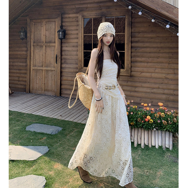 Strapless Bohemian Embroidered Maxi Dress Set / Beige Belt / L