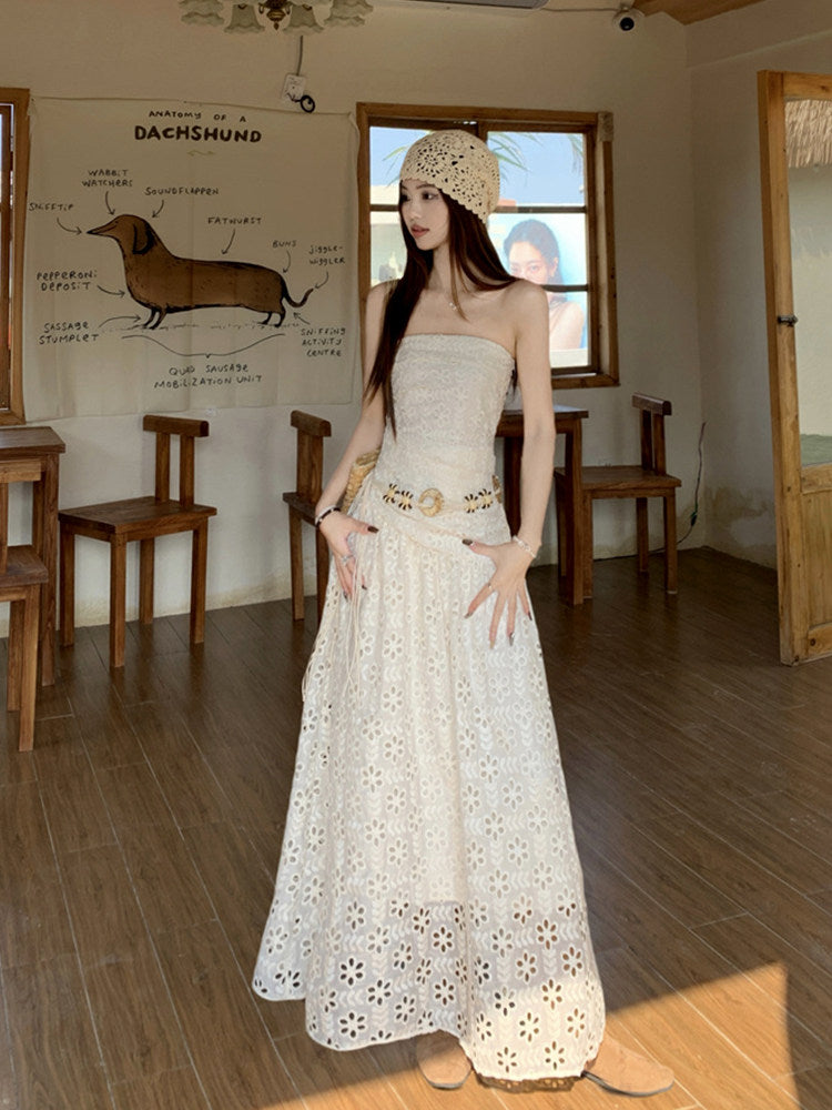 Strapless Bohemian Embroidered Maxi Dress Set / Beige Top Belt / M