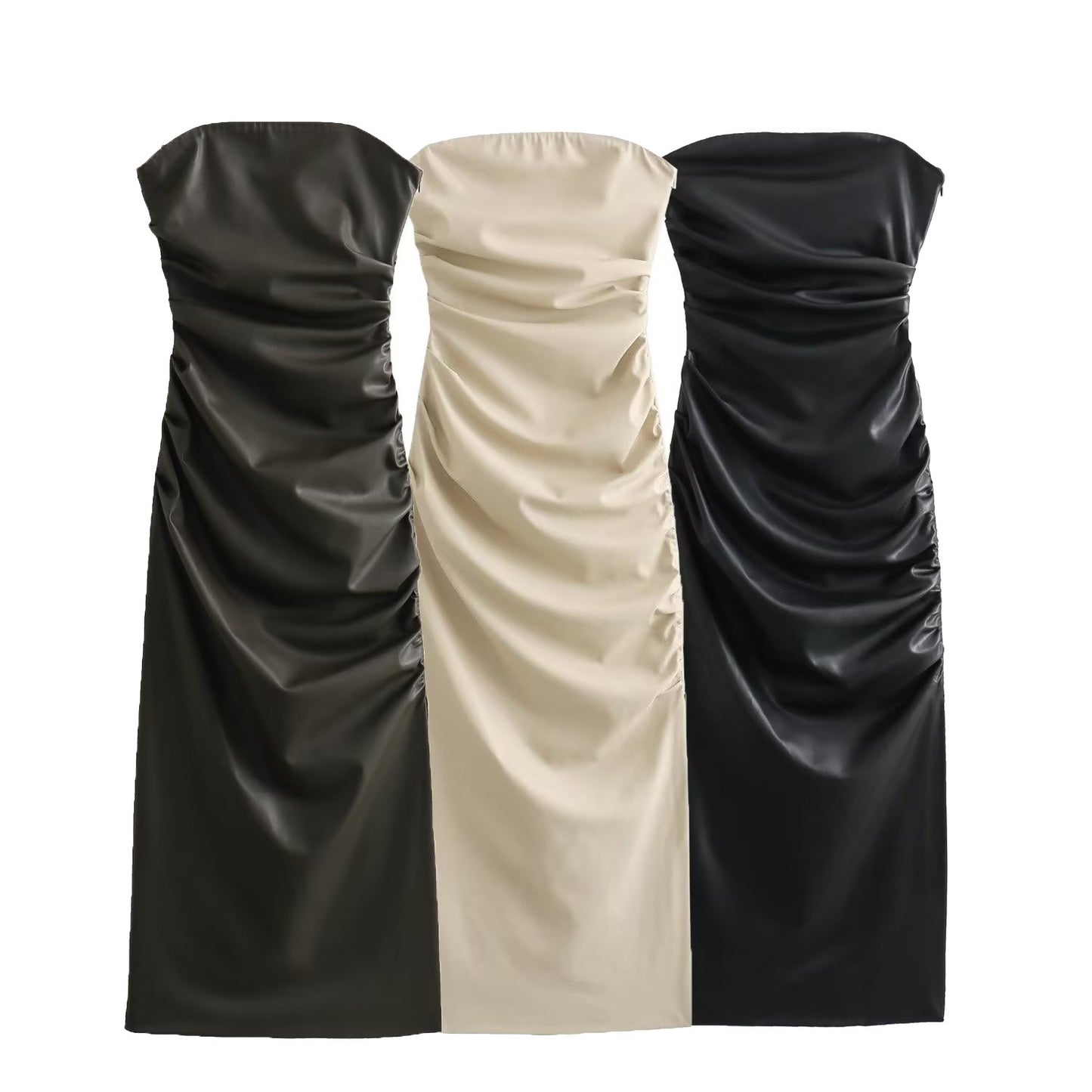 Strapless Faux Leather Bodycon Midi Dress / Khaki / XS