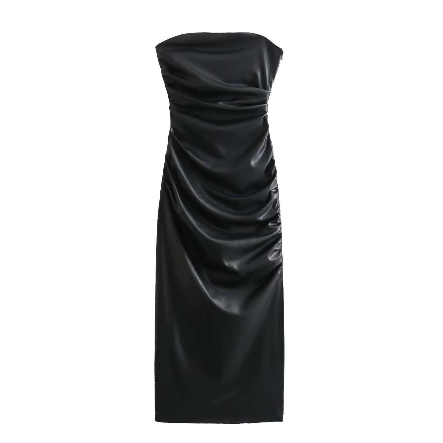 Strapless Faux Leather Bodycon Midi Dress / White / M