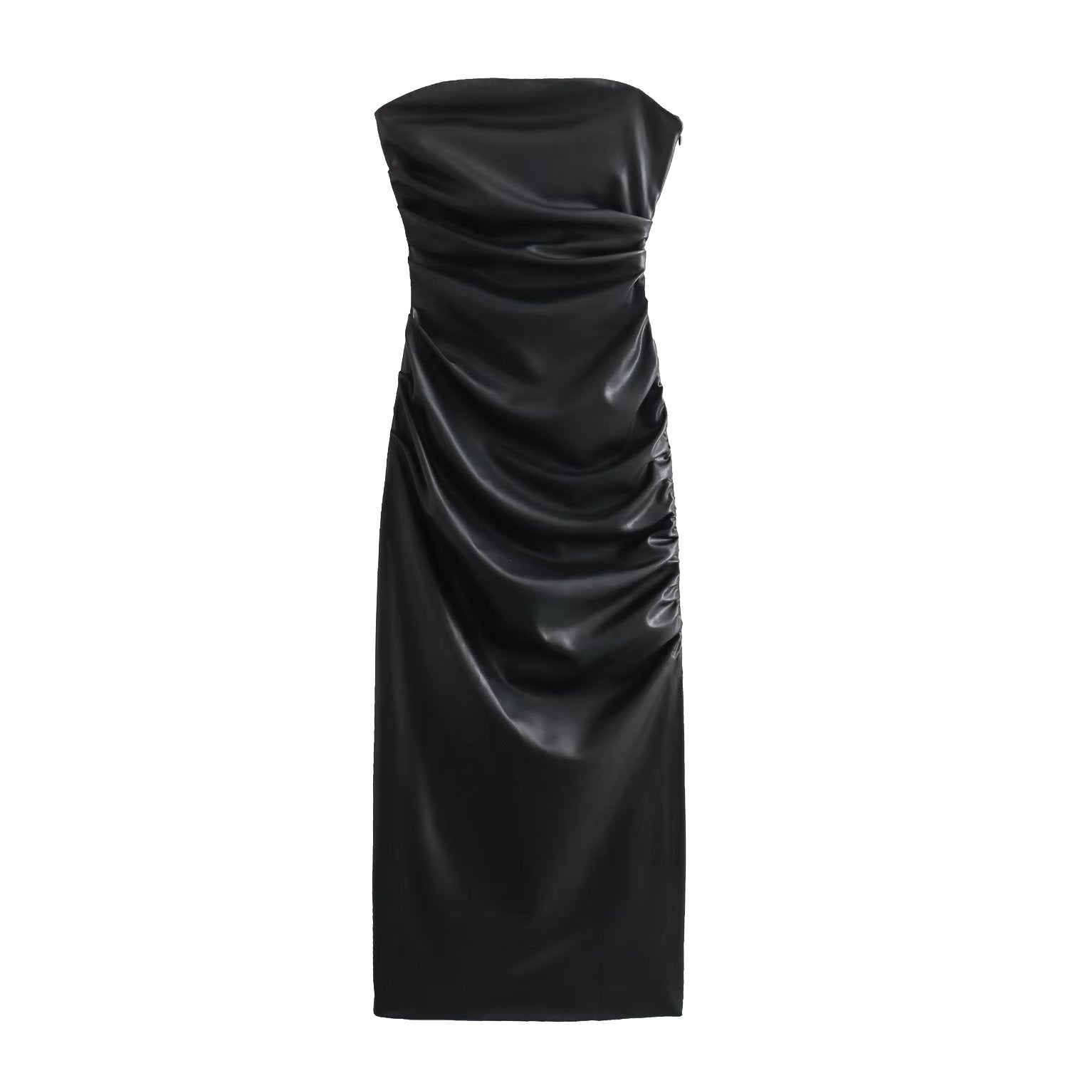 Strapless Faux Leather Bodycon Midi Dress / White / M