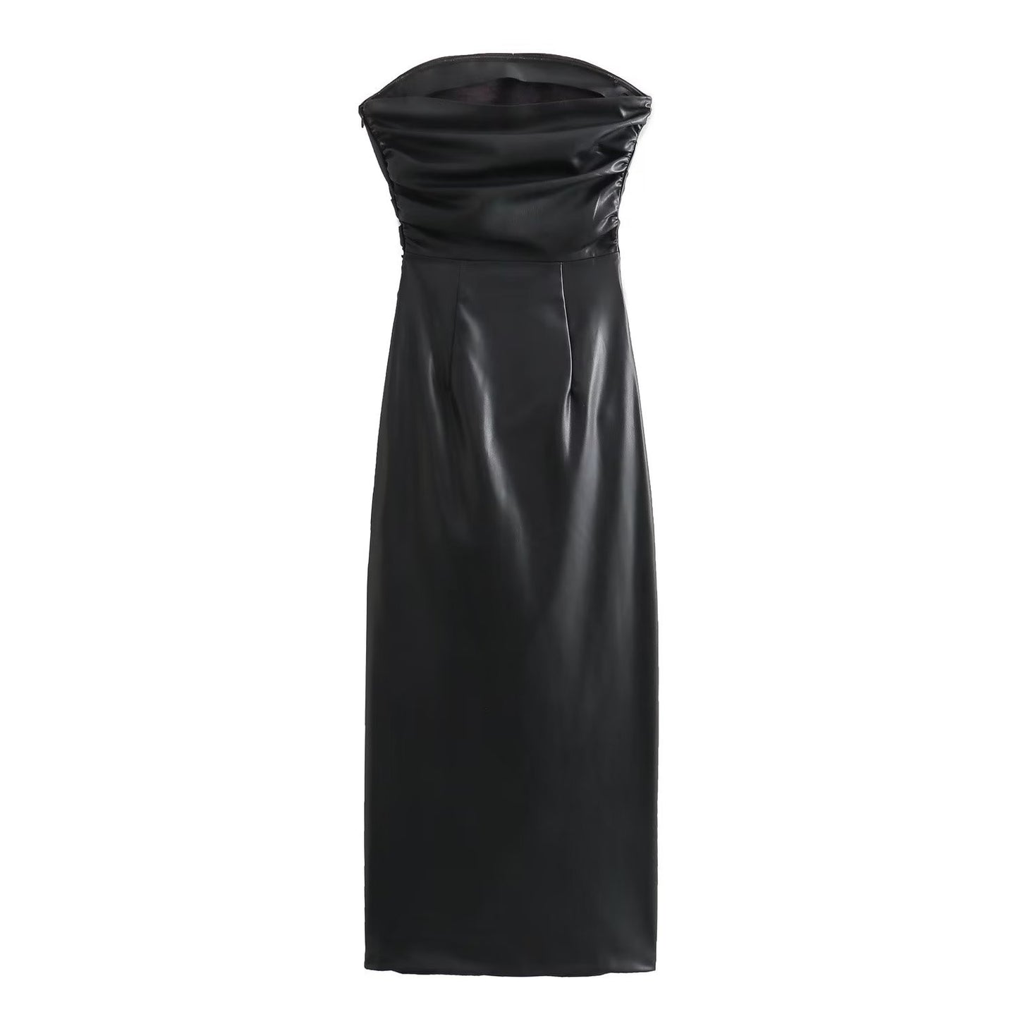 Strapless Faux Leather Bodycon Midi Dress / Khaki / S