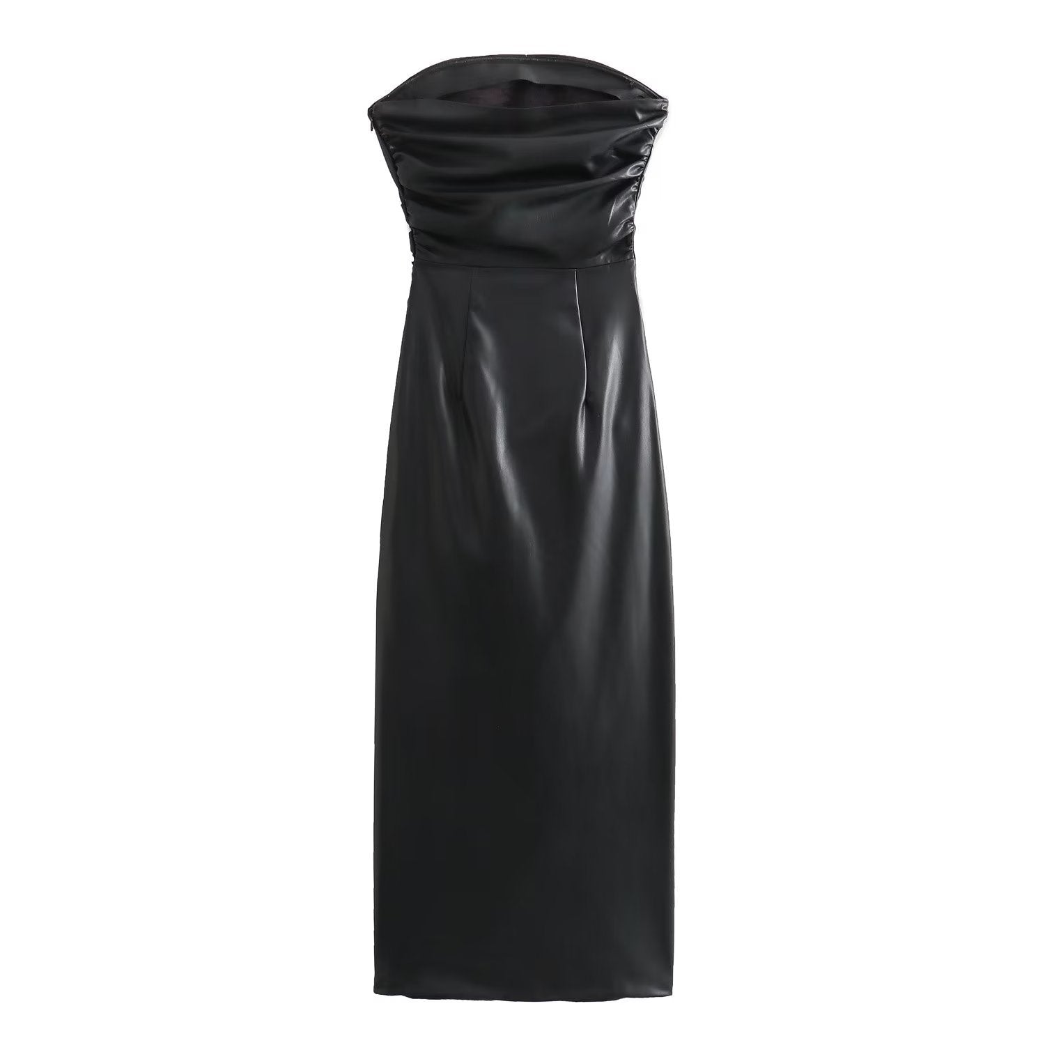 Strapless Faux Leather Bodycon Midi Dress / Khaki / S