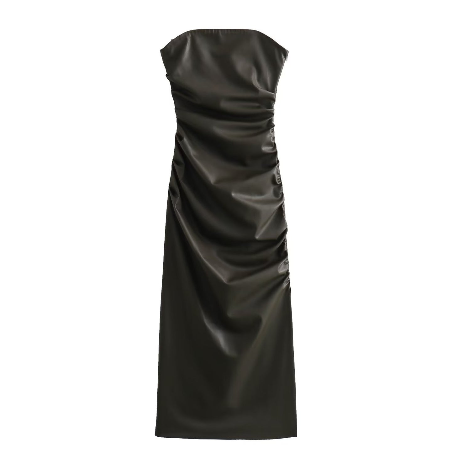 Strapless Faux Leather Bodycon Midi Dress