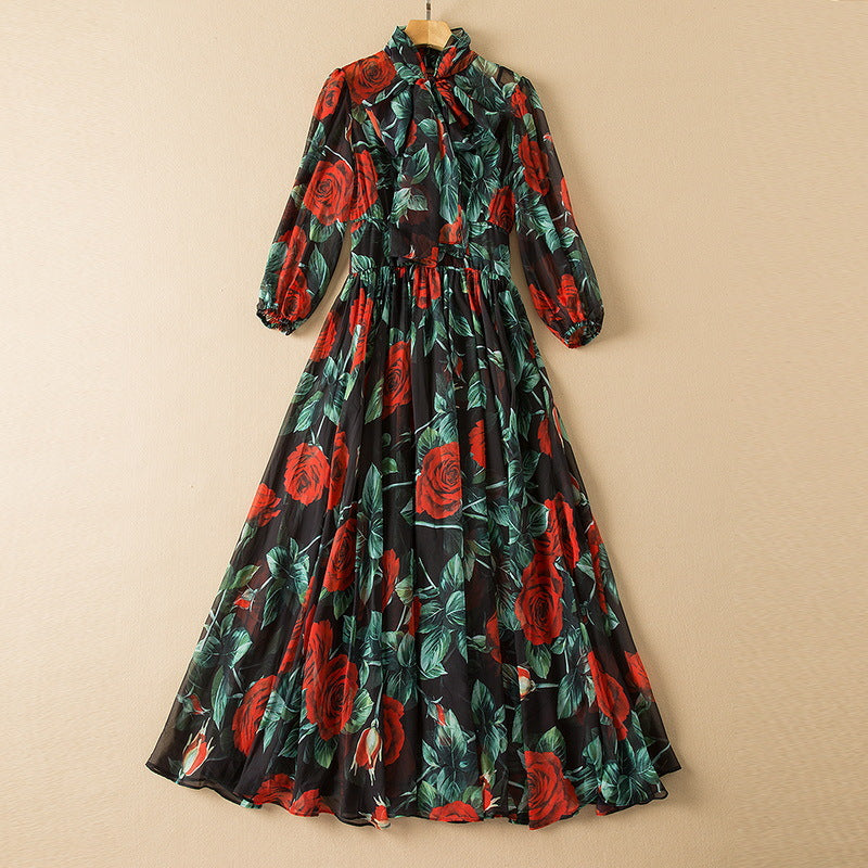 Tie-Neck Chiffon Flowing Swing Midi Dress / Black / S