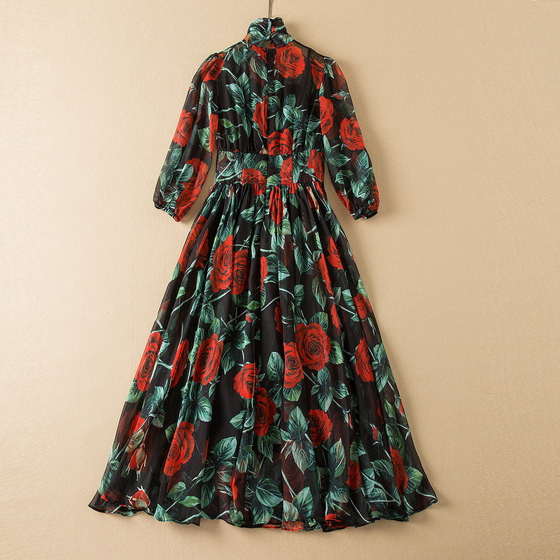 Tie-Neck Chiffon Flowing Swing Midi Dress / Black / M