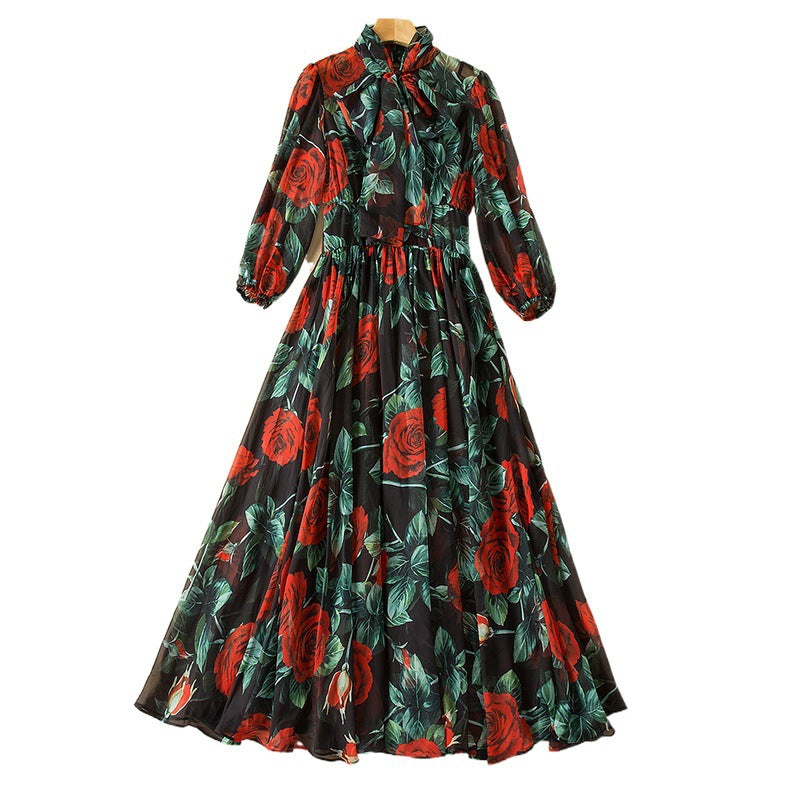 Tie-Neck Chiffon Flowing Swing Midi Dress